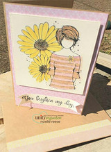 Soft pink card of Daisy Girl with a towering yellow daisy, 'You brighten my day'