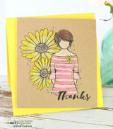Kraft mini card of Daisy Girl in a pink striped tee, 'Thanks'