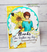 Yellow circle card of Daisy Girl in teal with butterflies, 'Thanks — you brighten my day'