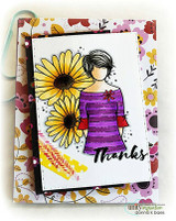 Floral collage card of Daisy Girl in purple with sunflowers, 'Thanks' banner
