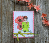 Coral-flowered wood-plank card of Daisy Girl in green stripes, 'Thanks'