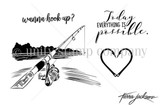 Red rubber stamp sheet featuring a fishing rod casting over a lake and mountain scene and a heart made of fish hooks, with the sentiments 'wanna hook up?' and 'Today everything is possible.'