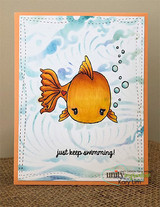 Card with the little fish among watercolor waves and 'just keep swimming!'