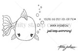 Red-rubber Cuddlebug Fishy stamp — a cute chubby fish with sentiments 'you're the only fish for me', 'such a catch!' and 'just keep swimming!'