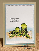 Card of the colored sea turtle family on a sandy beach, 'congrats on starting a new chapter'.
