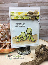 Card of the sea turtle family with a burlap bow, 'congrats on starting a new chapter'.