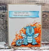 Fiery orange card with blue dragons and a 'need some help with those birthday candles?' banner.