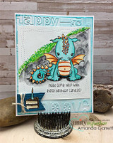 Embossed 'happy' card with a teal dragon duo and the birthday-candles sentiment.