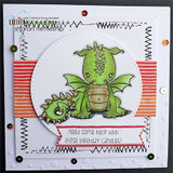 Stitched white card with green dragons in a circle over red stripes and the candles sentiment.
