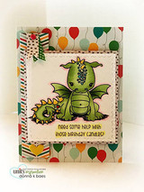 Balloon-print birthday card with the green dragon pair and the candles sentiment.