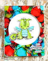 Alcohol-ink rainbow card with the green dragons in a white circle, 'my magical friend.'