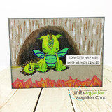 Cave-scene card with green dragons above stamped flames and the candles sentiment.