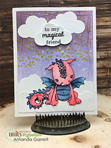 Purple clouds-and-confetti card with pink dragons and 'to my magical friend.'