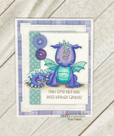 Plaid card with purple dragons, both sentiments, and buttons in the corner.