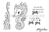 Line-art stamp sheet: sea horse and seaweed with 'you are the only one in the sea for me / I love when I get to sea you'.