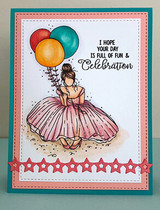 Teal card with a colored girl in a gown holding balloons and "I hope your day is full of fun & celebration," star border