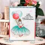 Card with the gown girl and red and teal balloons and "I hope your day is full of fun & celebration"