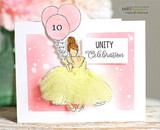 Pink card with the gown girl and a "10" balloon and "Unity Celebration"