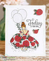 Card with the girl in a red rose gown and balloons, "Today is your day," rose accents