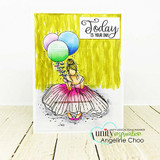 Card with the girl in a pink gown and balloons on a yellow fringed background and "Today is your day"