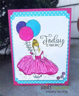 Card with the girl in a magenta gown and balloons on teal dot paper and "Today is your day"