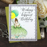 Card with the girl in a green gown and balloons and "Wishing you the happiest Birthday ever"