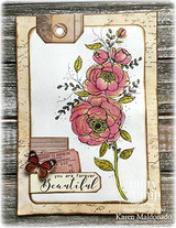 Vintage tag card with pink roses, a butterfly, and the forever beautiful sentiment