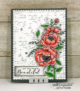 Coral blooms over script background on scalloped gray-framed card