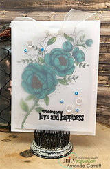 Teal blooms stamped on vellum over white. Wishing you love and happiness.