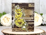 Yellow blooms popped over dark woodgrain background card. Today we celebrate you.