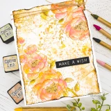 Peach watercolor florals on distressed mixed media panel. Make a wish banner.