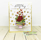 White card with gold dots, a red-flowered cake with orange butterflies and the sentiment 'celebrate Every Day'