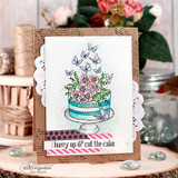 Kraft card with a pink and teal floral cake with butterflies, lace doily and the sentiment 'hurry up & cut the cake'
