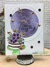 Purple floral cake with butterflies beside a purple honeycomb circle reading 'celebrate Every Day'