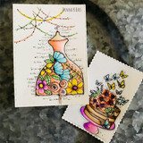 Watercolored card pair with a floral dress form and a small card showing the butterfly cake in pink and yellow