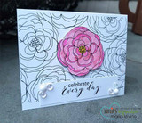 Pale blue card with the rose outline background and one bloom colored bright pink, over a 'celebrate Every day' sentiment strip.