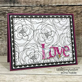 Black and white card with an uncolored rose background inside a black scalloped frame, accented by a magenta die-cut 'Love.'