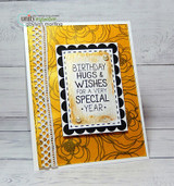 Golden yellow rose background card with a black scalloped frame around 'BIRTHDAY HUGS & WISHES FOR A VERY SPECIAL YEAR' and a lace border.