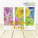 Card with three panels of the rose background colored in purple, yellow and blue watercolor beneath a gold 'sending hugs.'
