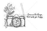 Line-art stamp of a vintage camera with flowers growing around the lens and 'Focus on the things that make you happy.'