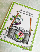 Card with the camera and pink bloom on green patterned paper and 'Focus on the things that make you happy.'