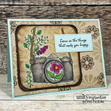 Card with the camera over aged kraft with flourishes and 'Focus on the things that make you happy.'