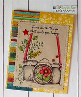 Card with the floral camera on colorful strips and 'Focus on the things that make you happy' with a red star.