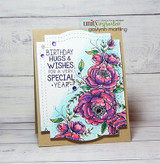 Kraft card with pink and purple peonies spilling over a die-cut panel lettered 'BIRTHDAY HUGS & WISHES FOR A VERY SPECIAL YEAR.'