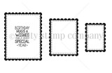 Stamp sheet showing three solid scalloped rectangle frames in small, medium and large, the largest holding the sentiment 'BIRTHDAY HUGS & WISHES FOR A VERY SPECIAL YEAR.'