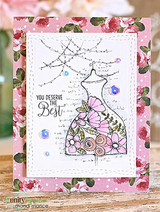 Pink rose card with the gown in soft pinks and greens on a stitched white panel with sequins and the you deserve the best sentiment.