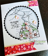 White card with the gown in pinks inside a black scalloped circle, a red floral strip along the bottom, and the you deserve the best sentiment.