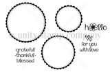 Line-art red rubber stamp set of three nested scalloped circle borders with the sentiments "hello" and "grateful thankful blessed."