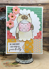 Card with a cat holding a pink polka-dot mug on a scalloped circle, pink paper flowers, green and yellow patterned paper and 'We compliment each other so purrfectly'