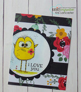 Black-and-floral card with a yellow crazy bird in a circle, 'i LOVE you.'